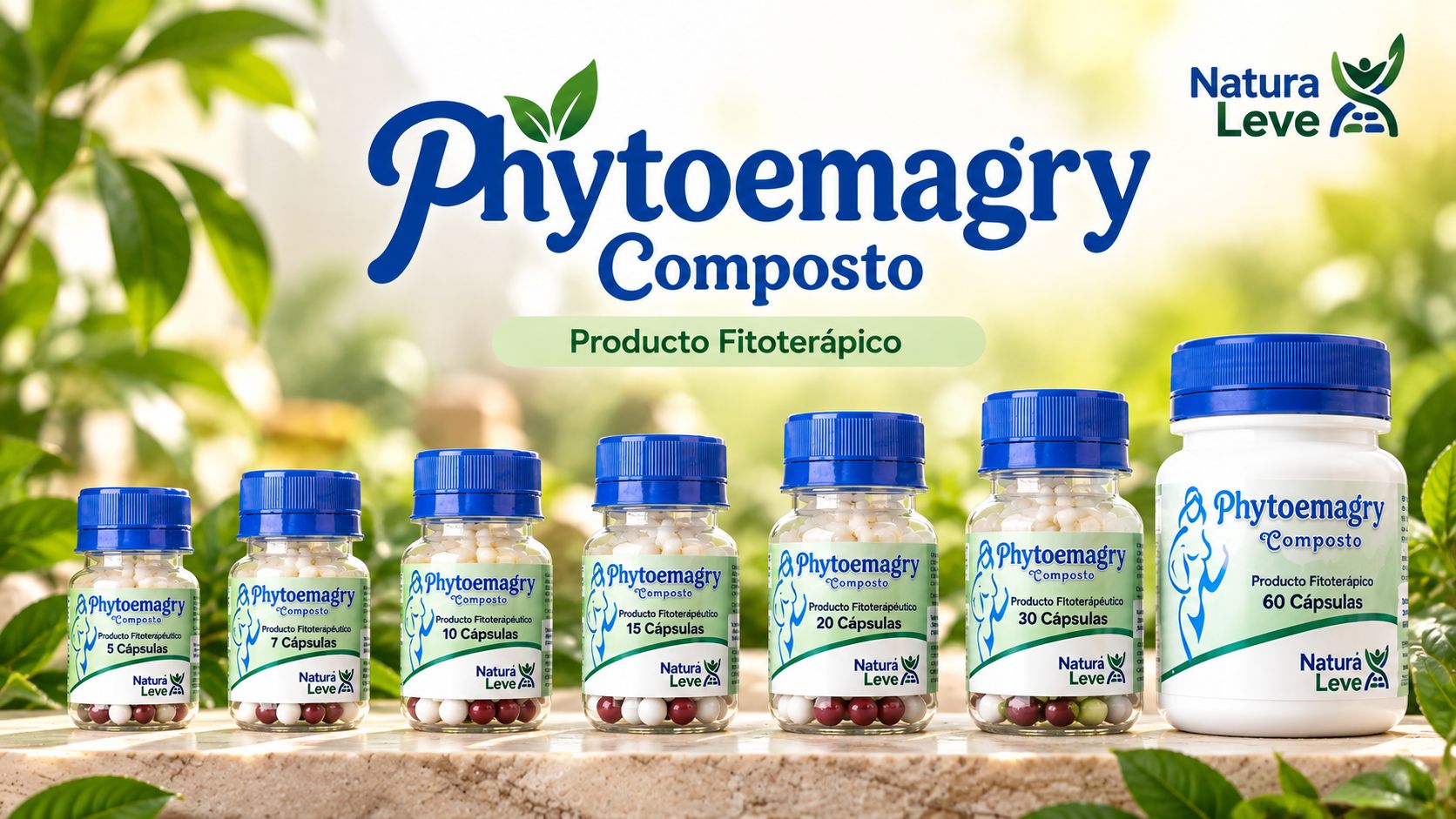 Frascos de Phytoemagry Composto disponibles en diferentes cantidades de cápsulas.